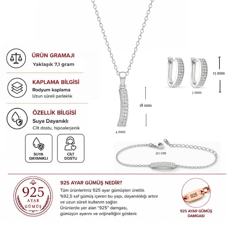 Servi 925 Ayar Gümüş Taşlı Çubuk Kolye Küpe ve Bileklik Seti