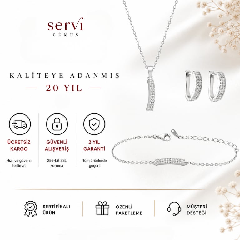 Servi 925 Ayar Gümüş Taşlı Çubuk Kolye Küpe ve Bileklik Seti