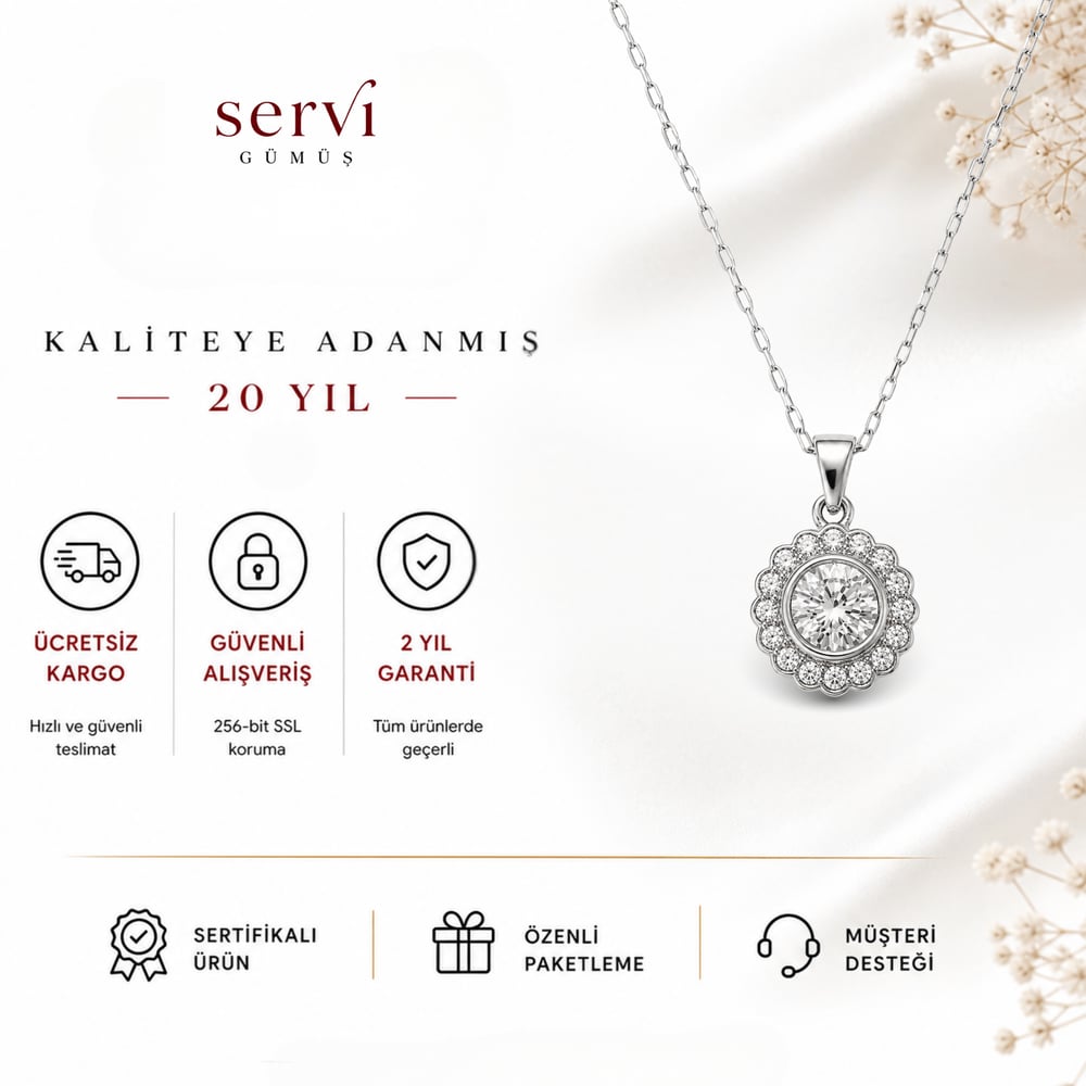 Servi 925 Ayar Gümüş Tektaşlı Çiçek Kolye