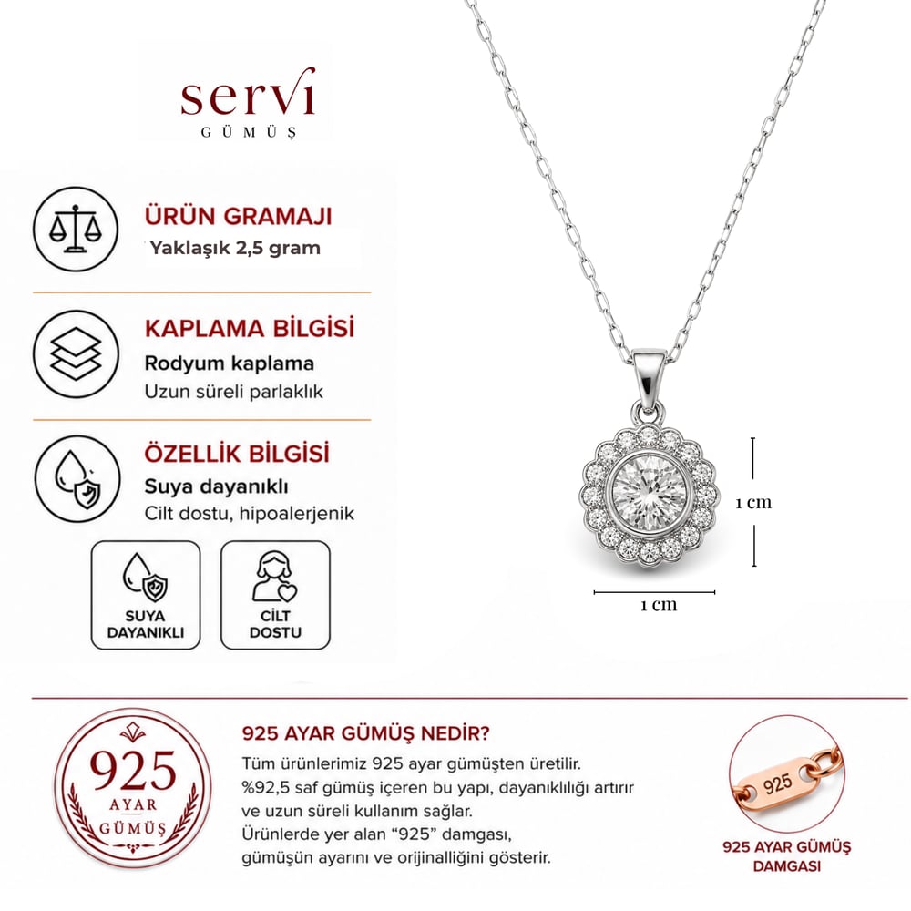 Servi 925 Ayar Gümüş Tektaşlı Çiçek Kolye
