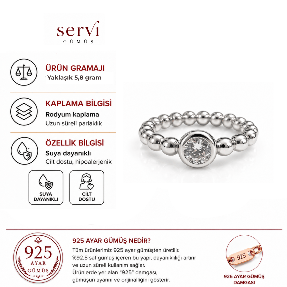 Servi 925 Ayar Gümüş Top Detaylı Tektaş Yüzük