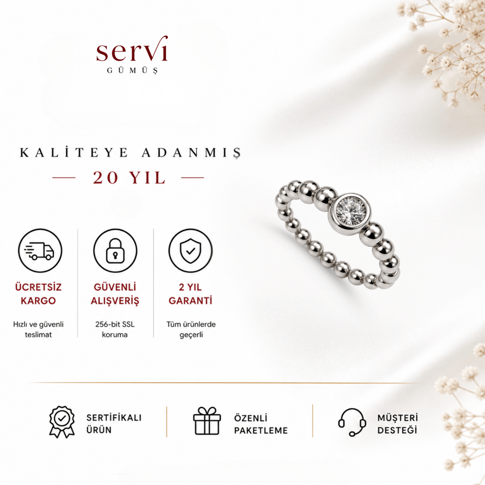 Servi 925 Ayar Gümüş Top Detaylı Tektaş Yüzük