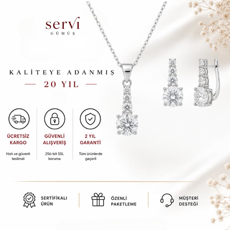 Servi 925 Ayar Gümüş Üç Taş Detaylı Tektaş Kolye ve Küpe Seti