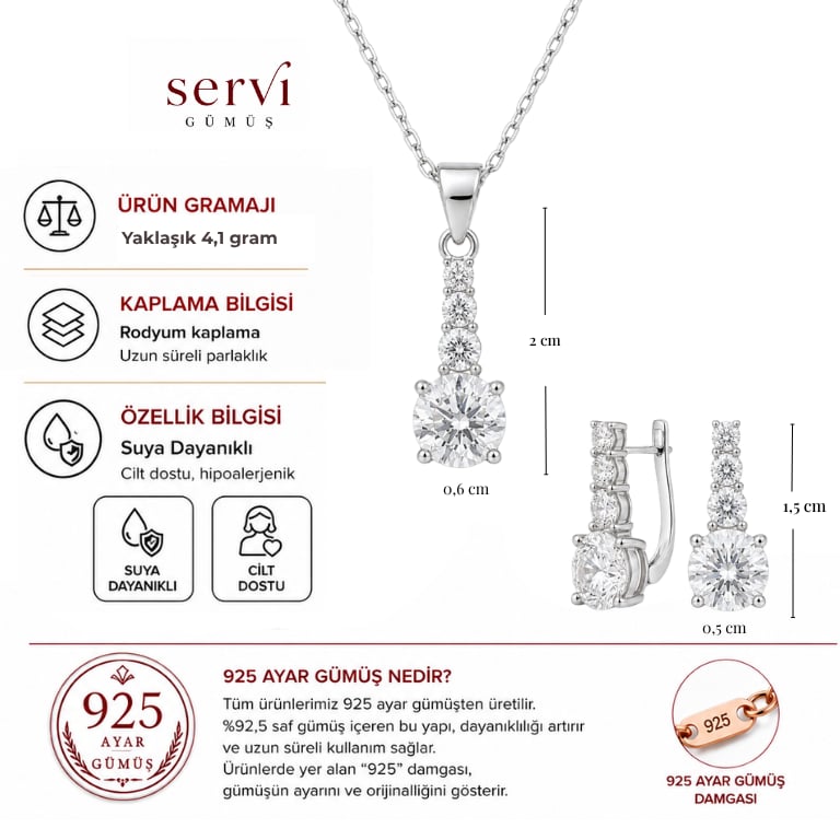 Servi 925 Ayar Gümüş Üç Taş Detaylı Tektaş Kolye ve Küpe Seti