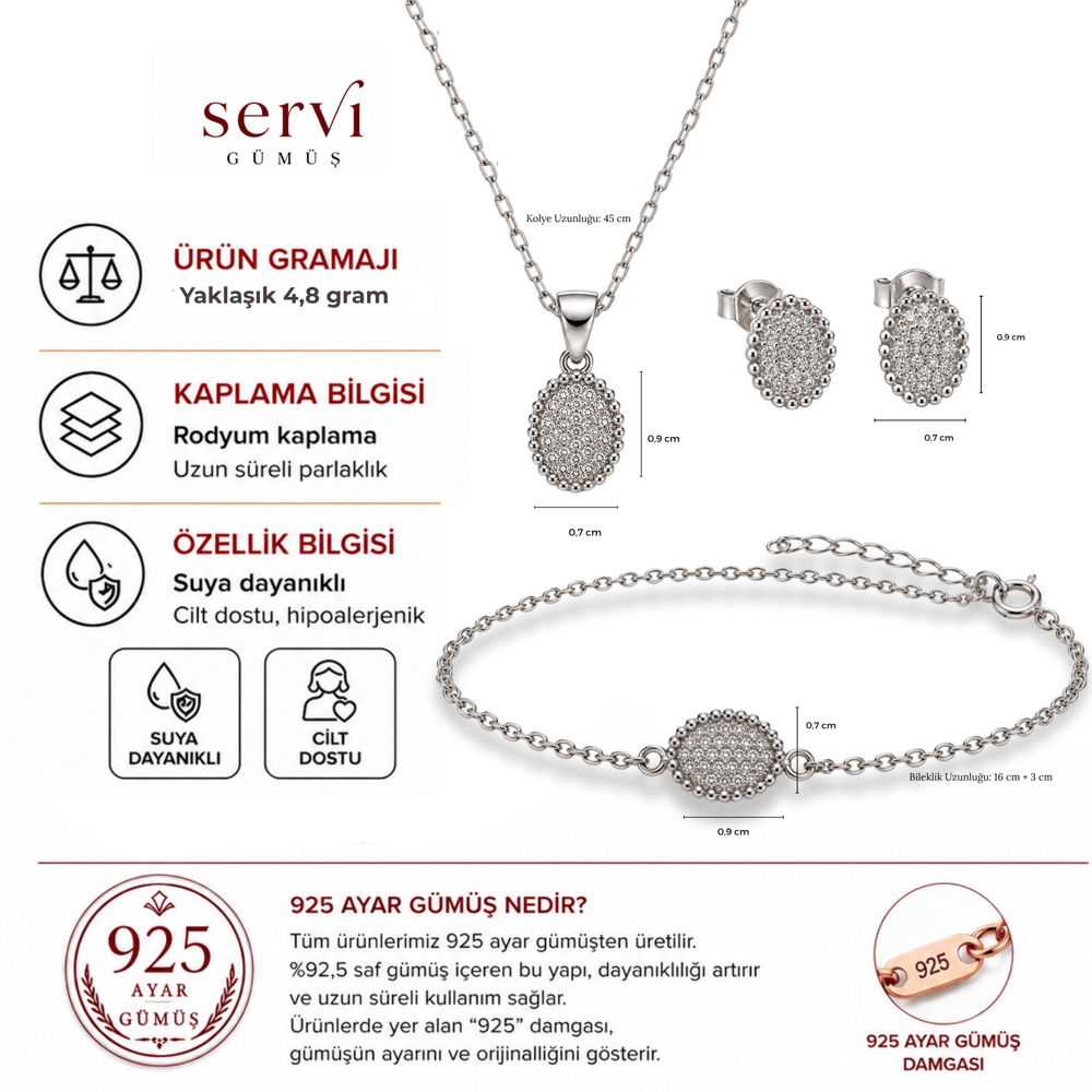 Servi 925 Ayar Gümüş Zarif Oval Zirkon Taşlı Kolye, Küpe ve Bileklik Seti