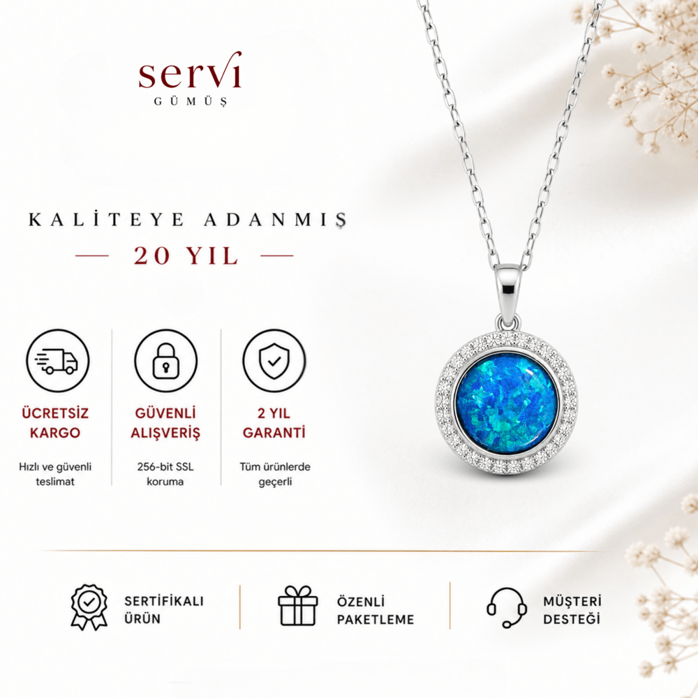 Servi 925 Ayar Gümüş Zirkon Çerçeveli  Yuvarlak Opal Taşlı Kolye