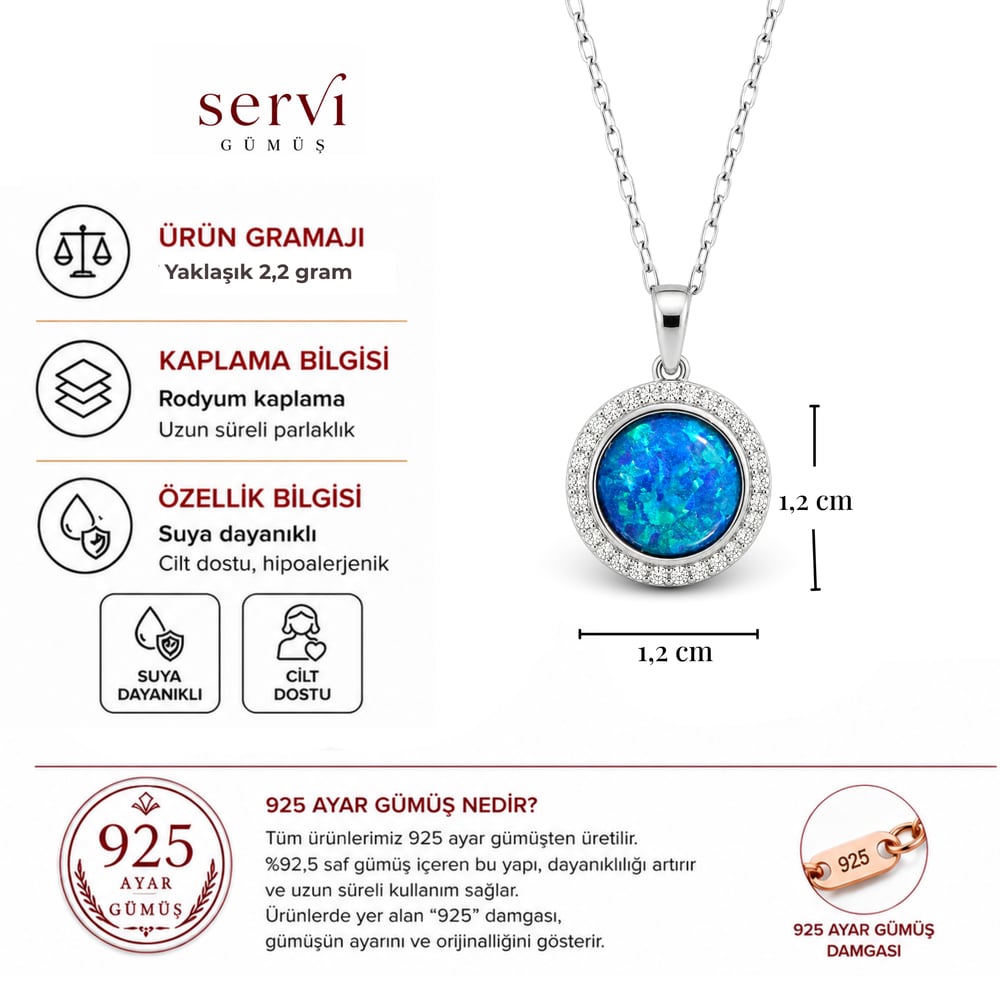 Servi 925 Ayar Gümüş Zirkon Çerçeveli  Yuvarlak Opal Taşlı Kolye