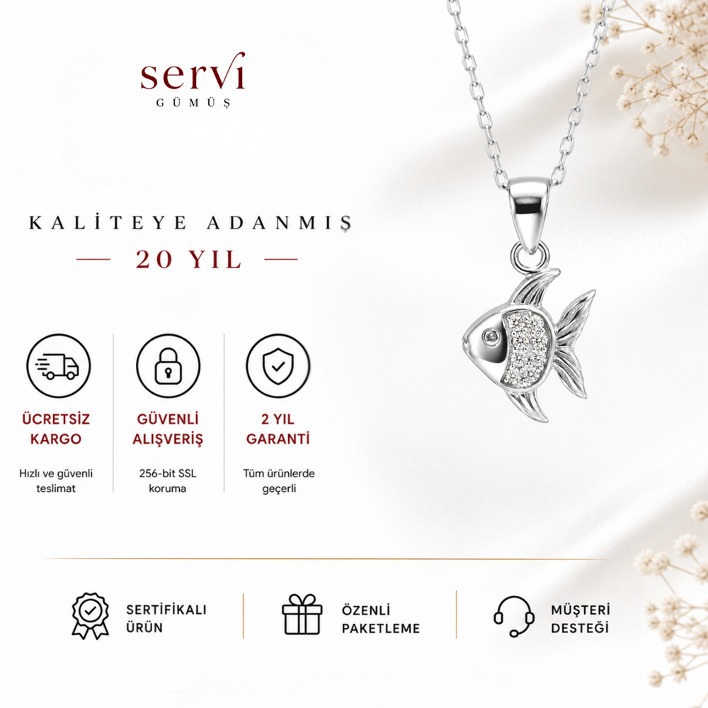 Servi 925 Ayar Gümüş Zirkon Taşlı Balık Figürlü Kolye