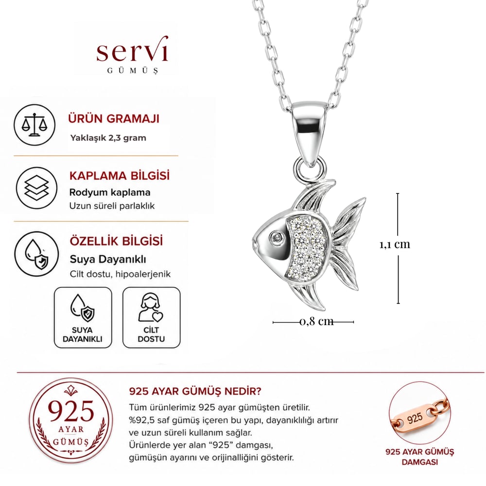 Servi 925 Ayar Gümüş Zirkon Taşlı Balık Figürlü Kolye
