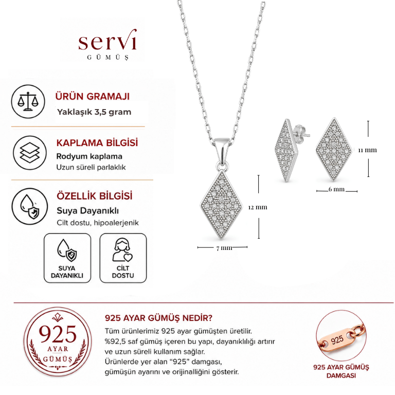 Servi 925 Ayar Gümüş Zirkon Taşlı Geometrik Baklava Formlu Kolye ve Küpe Seti