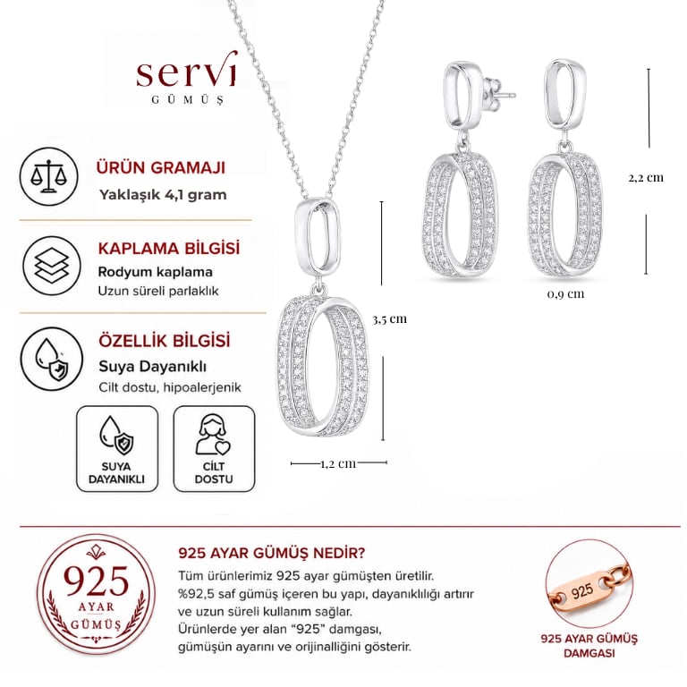 Servi 925 Ayar Gümüş Zirkon Taşlı Geometrik Halka Kolye ve Küpe Seti