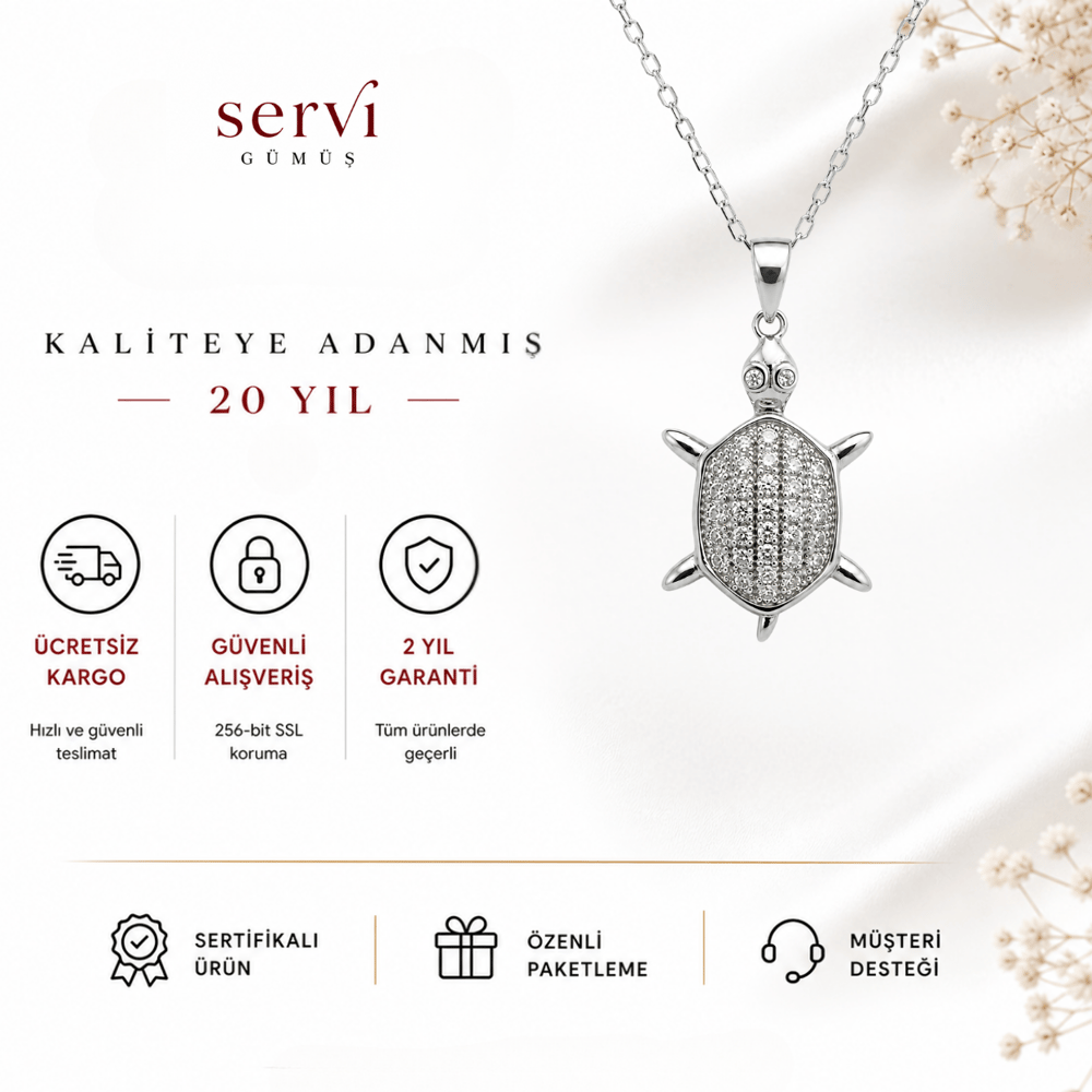 Servi 925 Ayar Gümüş Zirkon Taşlı Kaplumbağa Figürlü Kolye