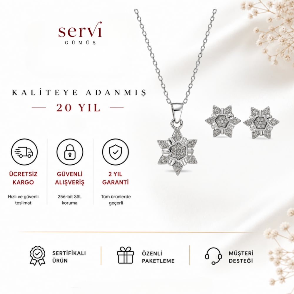 Servi 925 Ayar Gümüş Zirkon Taşlı Kar Tanesi Kolye ve Küpe Seti