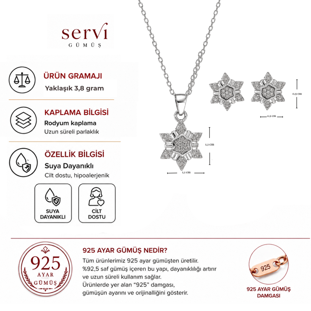 Servi 925 Ayar Gümüş Zirkon Taşlı Kar Tanesi Kolye ve Küpe Seti