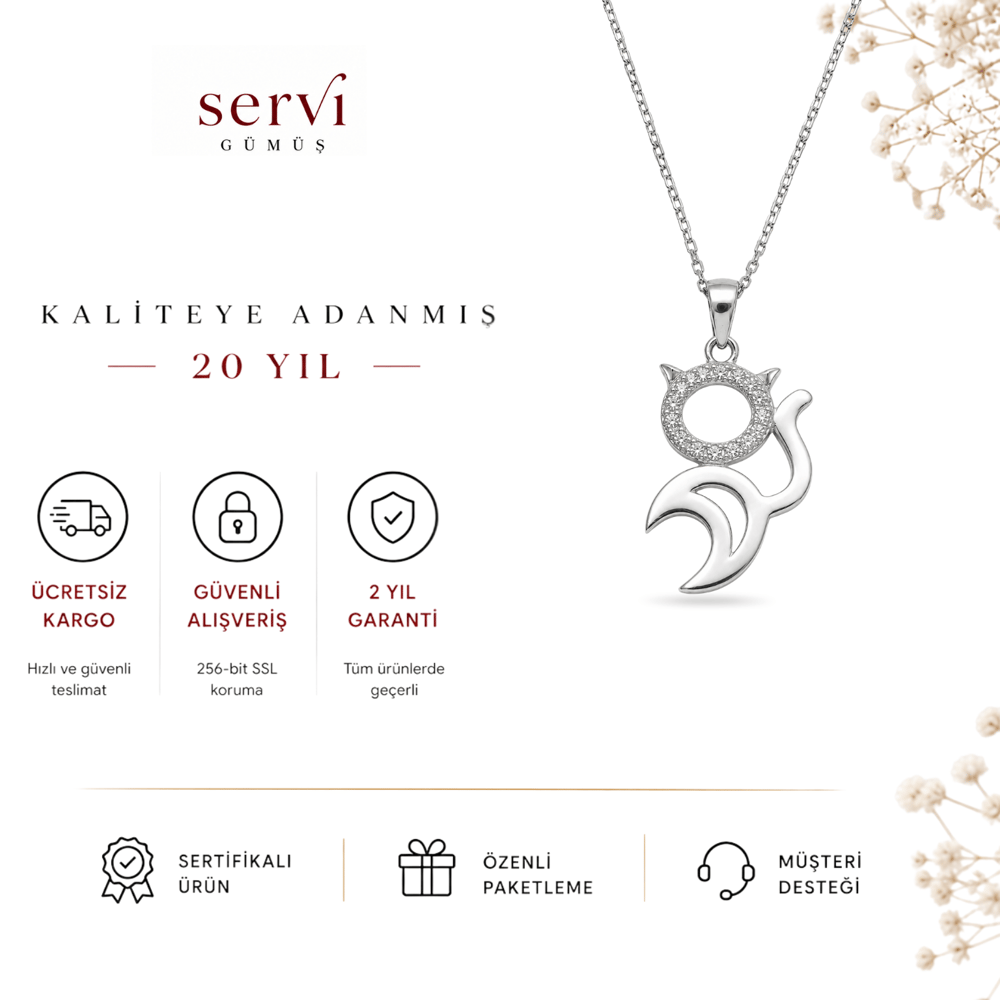 Servi 925 Ayar Gümüş Zirkon Taşlı Kitty Cat Kedi Kolye