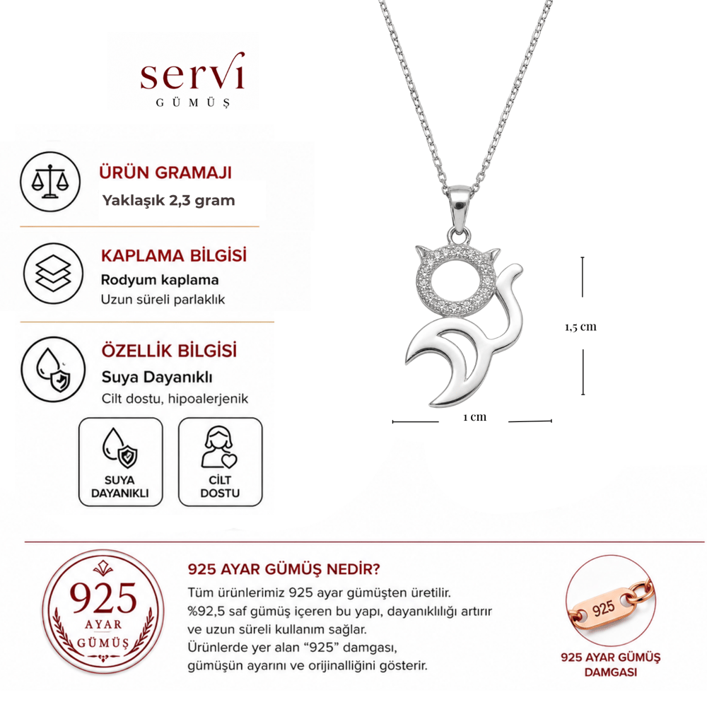 Servi 925 Ayar Gümüş Zirkon Taşlı Kitty Cat Kedi Kolye