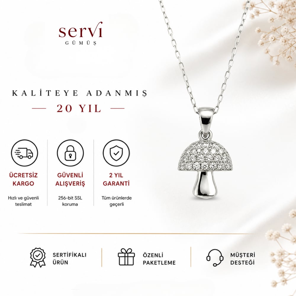 Servi 925 Ayar Gümüş Zirkon Taşlı Mantar Figürlü Kolye