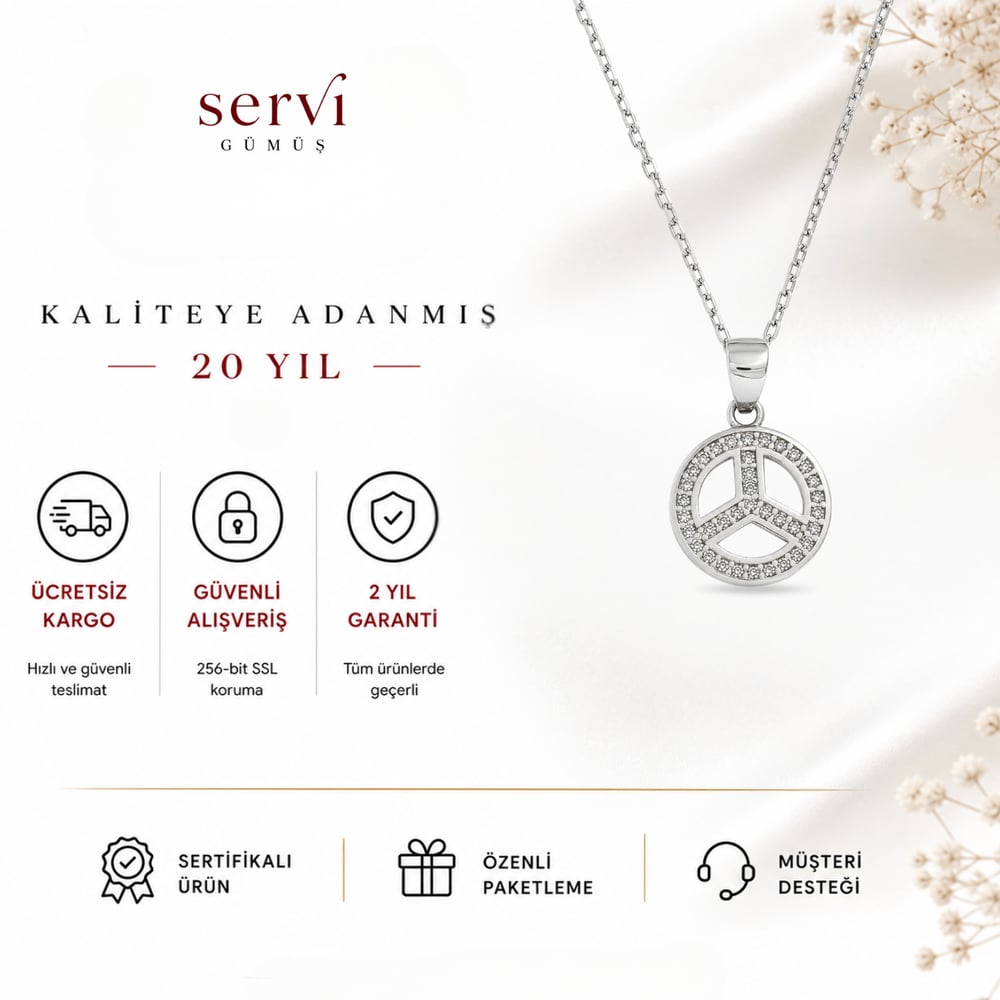 Servi 925 Ayar Gümüş Zirkon Taşlı Peace Barış Figürlü Kolye