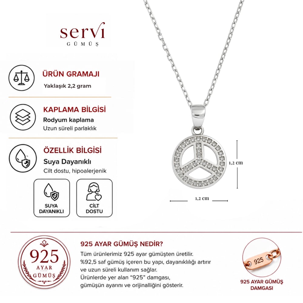 Servi 925 Ayar Gümüş Zirkon Taşlı Peace Barış Figürlü Kolye