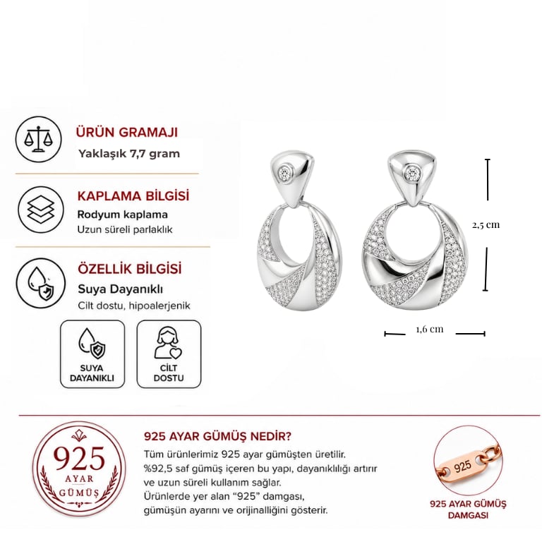 Servi 925 Ayar Gümüş Zirkon Taşlı Sarmal Halka Küpe