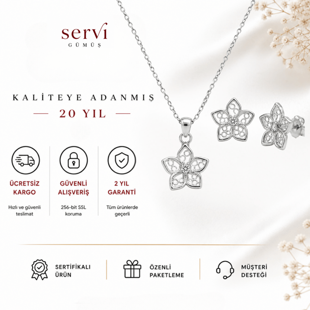 Servi 925 Ayar Gümüş Zirkon Taşlı Telkari Çiçek Kolye ve Küpe Seti