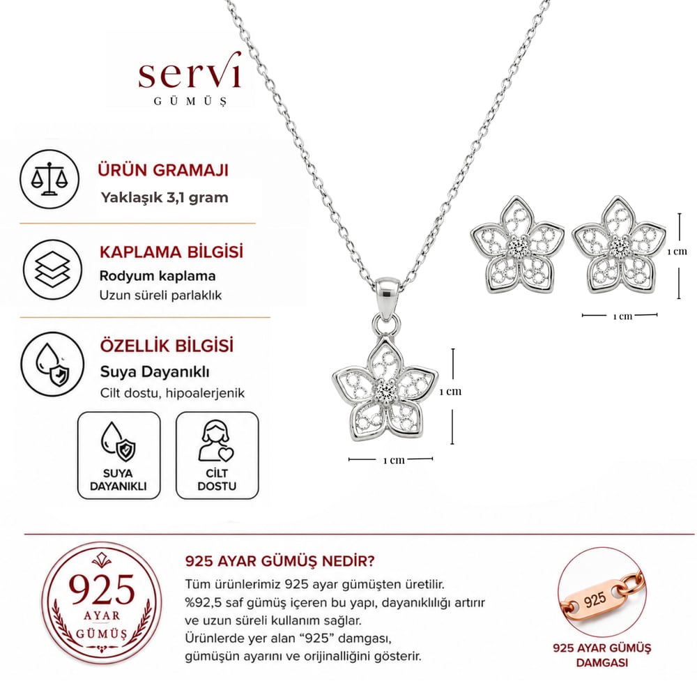 Servi 925 Ayar Gümüş Zirkon Taşlı Telkari Çiçek Kolye ve Küpe Seti