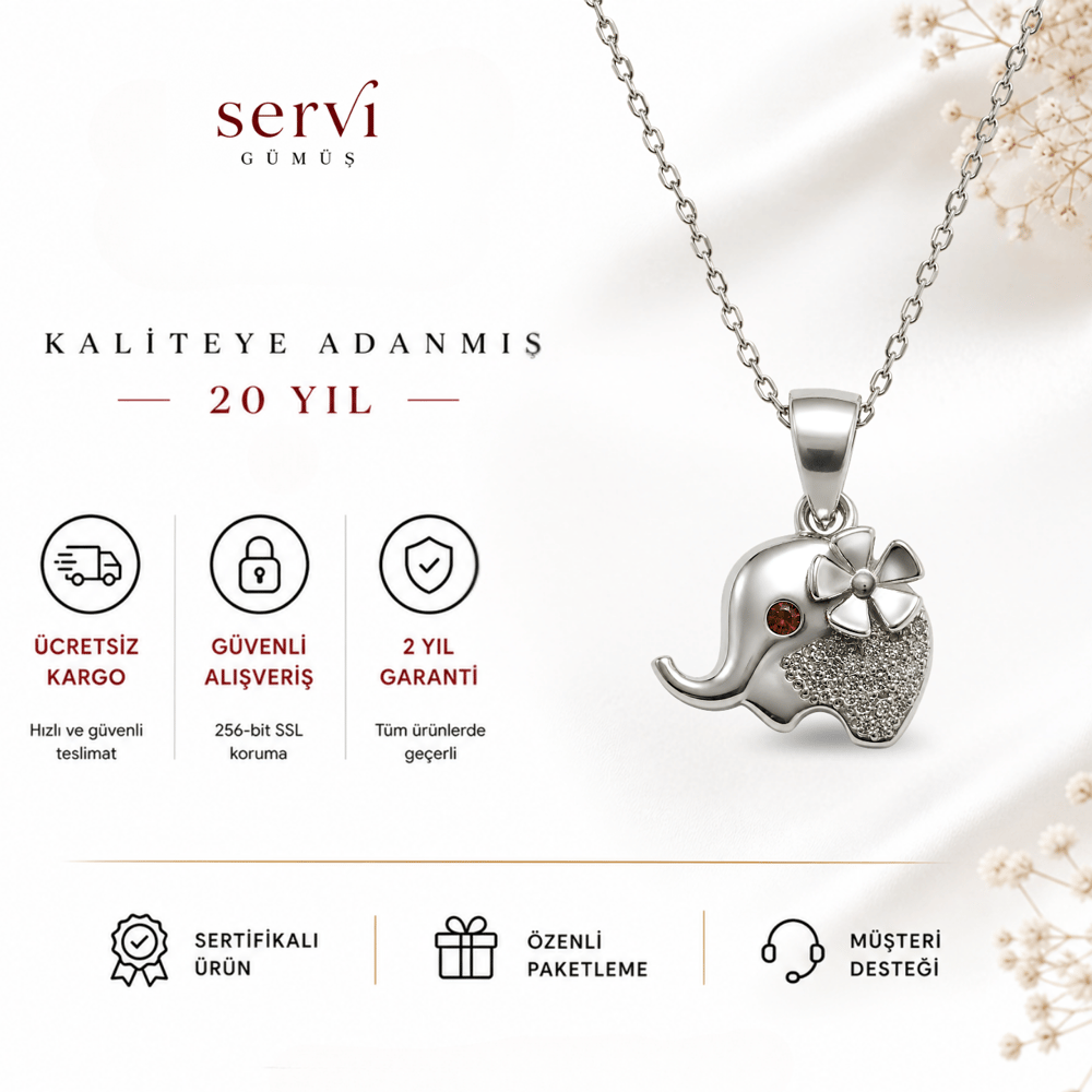 Servi 925 Ayar Gümüş Zirkon Taşlı Uğurlu Fil Kolye