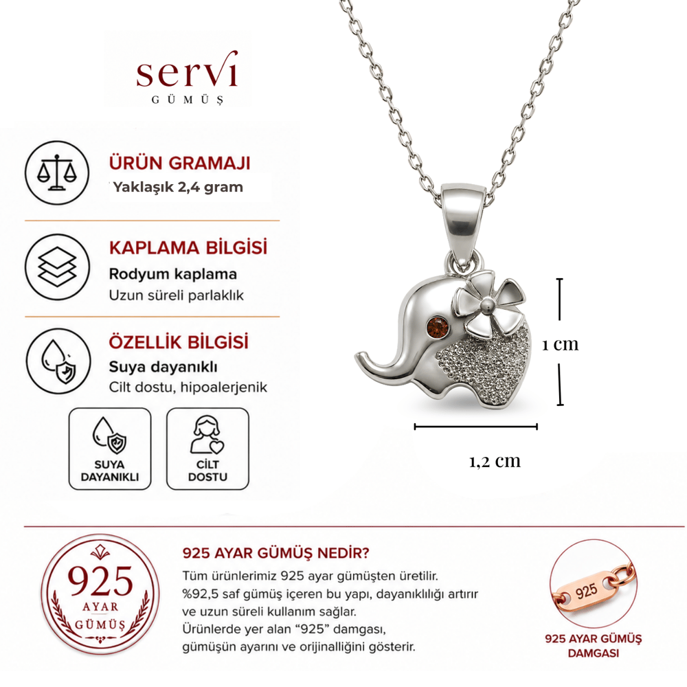 Servi 925 Ayar Gümüş Zirkon Taşlı Uğurlu Fil Kolye