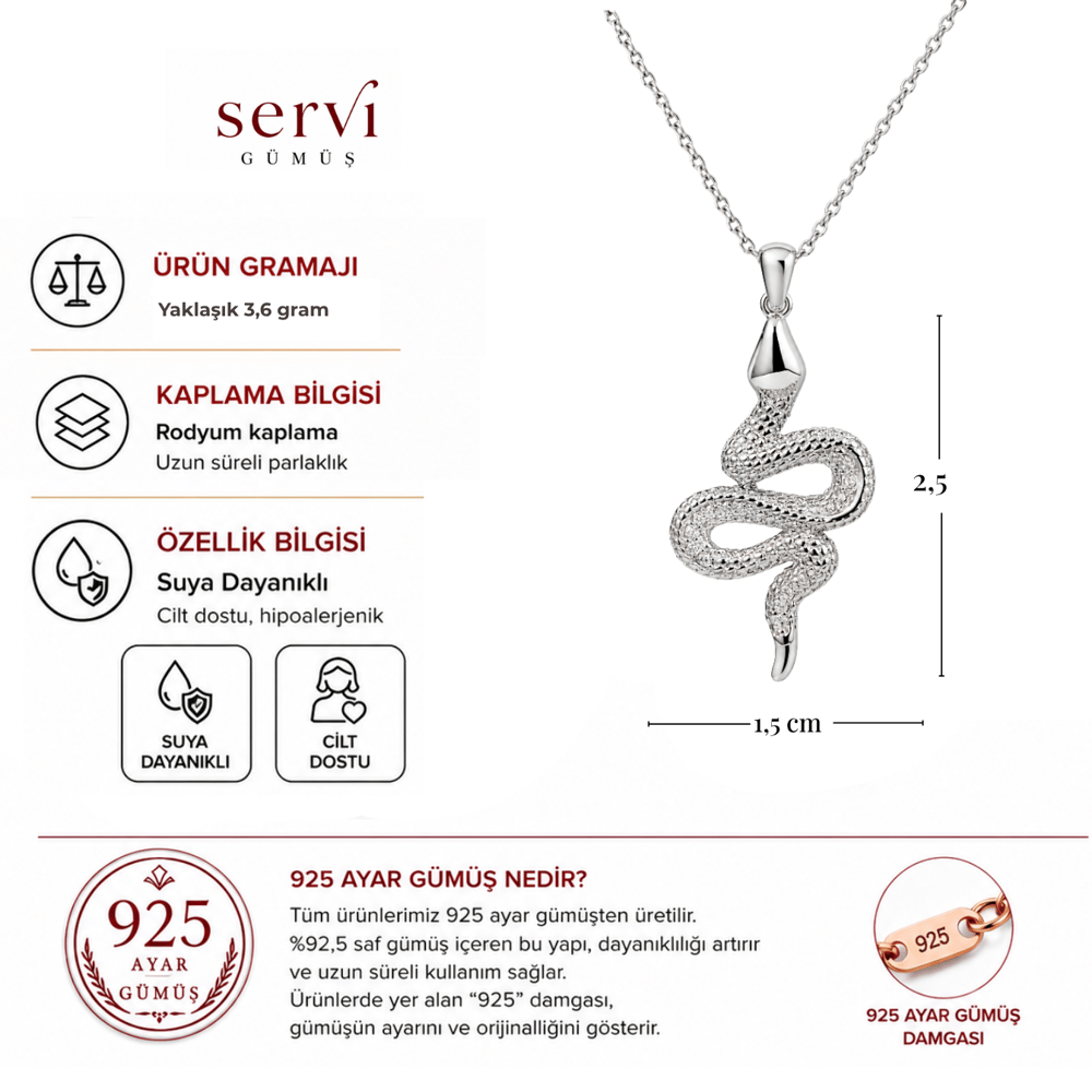 Servi 925 Ayar Gümüş Zirkon Taşlı Yılan Figürlü Kolye