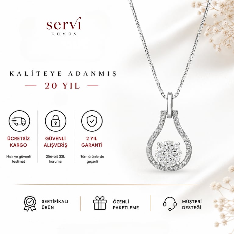 Servi 925 Ayar Gümüş Damla Mozanit Kolye