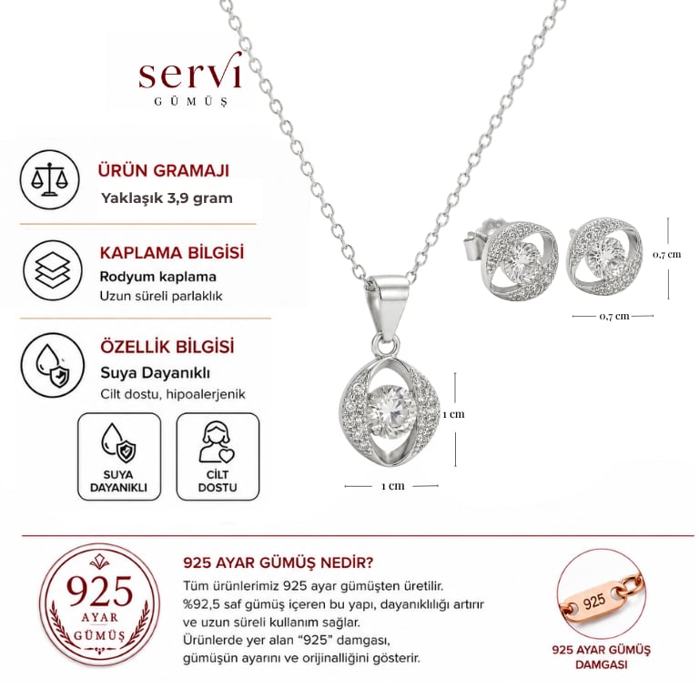 Servi 925 Ayar Gümüş Zirkon Taşlı Göz Formlu Tektaş Kolye ve Küpe Seti