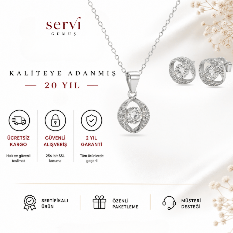 Servi 925 Ayar Gümüş Zirkon Taşlı Göz Formlu Tektaş Kolye ve Küpe Seti
