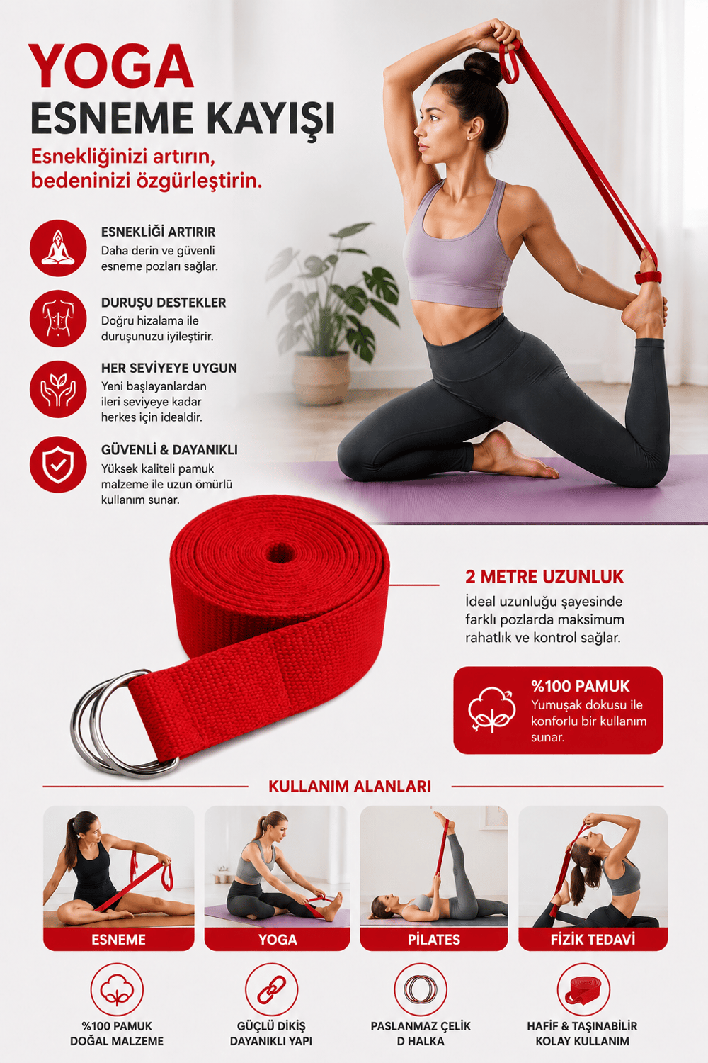 Voltrike Kırmızı Yoga Kemeri Esneme Kayışı