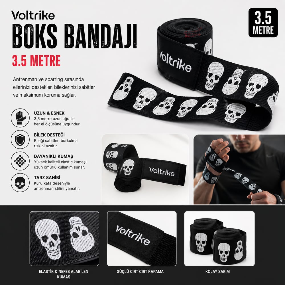 Voltrike Kuru Kafalı Boks-Kickbox-Muay Thai-Sanda El Bandajı Siyah 3.5 Metre