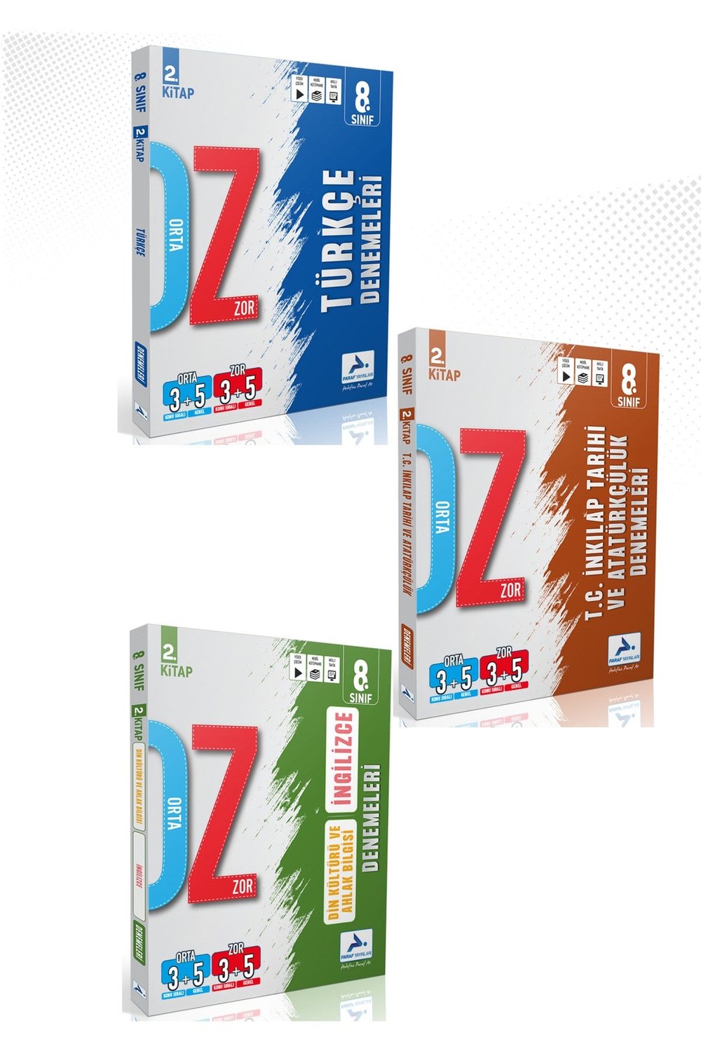 8. Sınıf Türkçe, T,C İnkılap, İngilizce, Din Kültürü Orta Zor Deneme (3 Kitap)