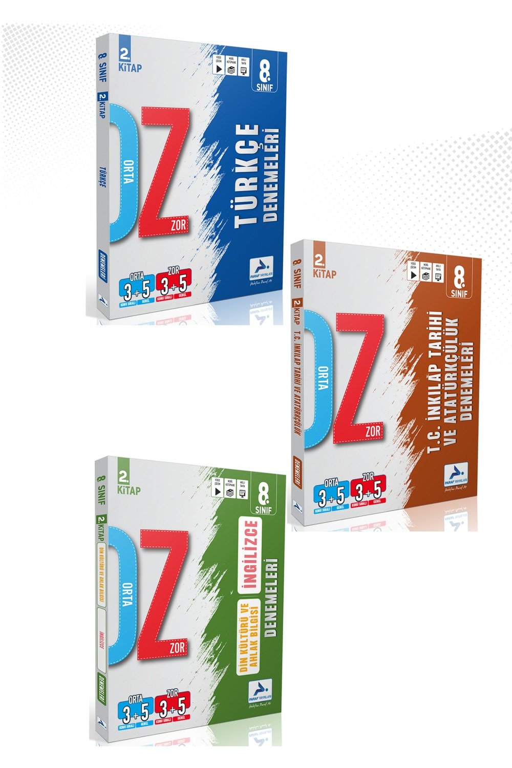 8. Sınıf Türkçe, T,C İnkılap, İngilizce, Din Kültürü Orta Zor Deneme (3 Kitap)