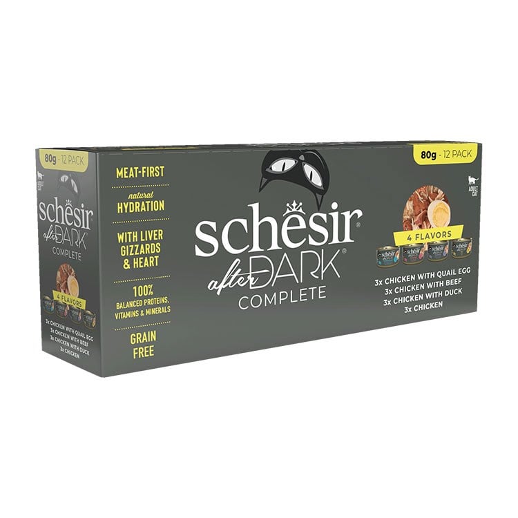 Schesir After Dark Tavuk&Bıldırcın Yumurtası&Sığır&Ördek Et Suyunda Yetişkin Kedi Konservesi Çeşit Paketi 12x80g