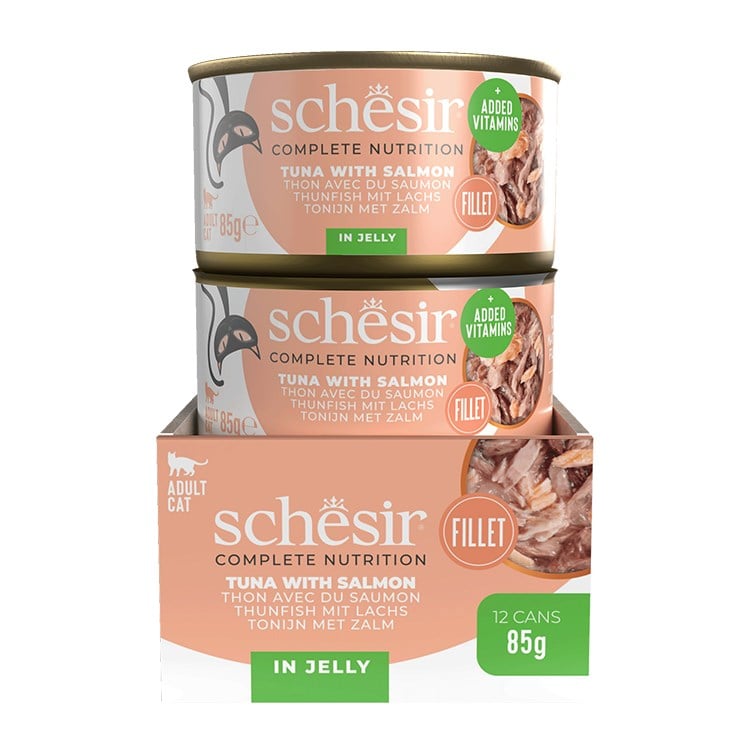 Schesir Tam ve Dengeli Ton Balığı ile Somonlu Jöle İçinde Kedi Konservesi 85g