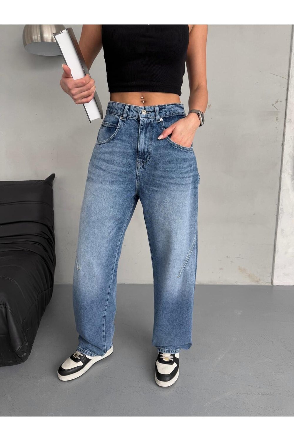 BALOON FİT DİKİŞ DETAYLI BALTA CEPLİ DARK BLUE JEAN