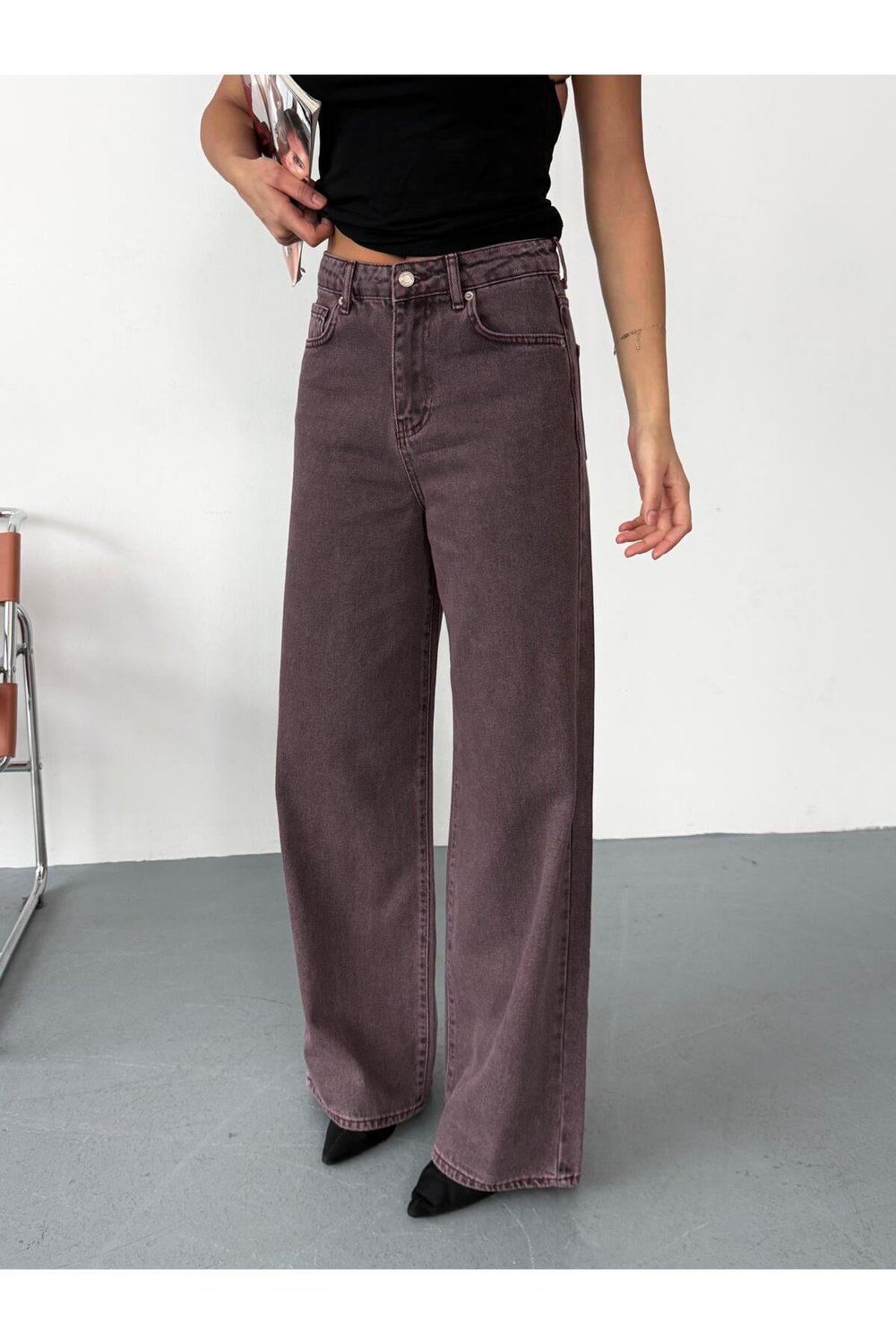 Kadın bordo Baggy Jean yüksek bel geniş paça kot pantolon