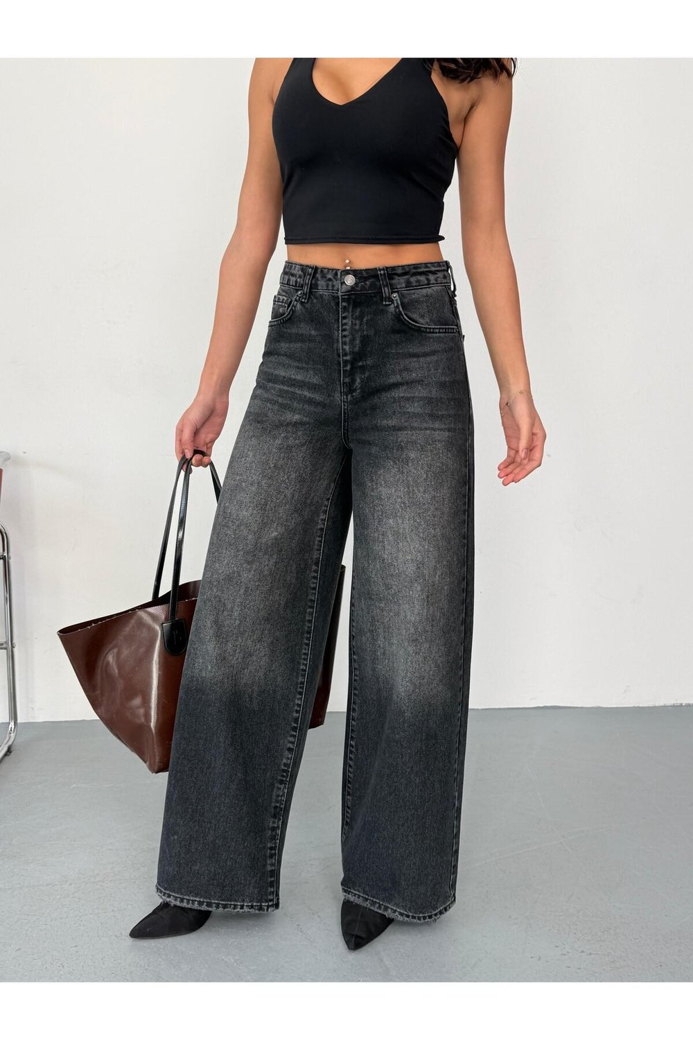 Kadın Füme Taşlamalı Baggy Jean yüksek bel geniş paça kot pantolon Siyah