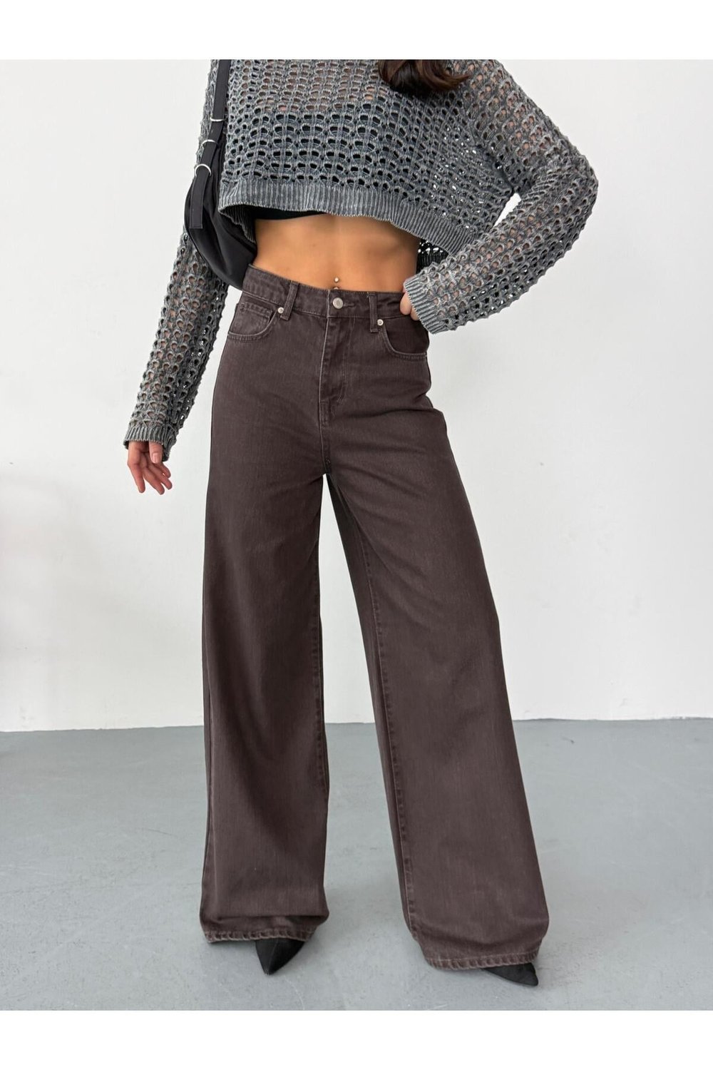 Kadın kahverengi denim kumaş Baggy Jean yüksek bel geniş paça kot pantolon