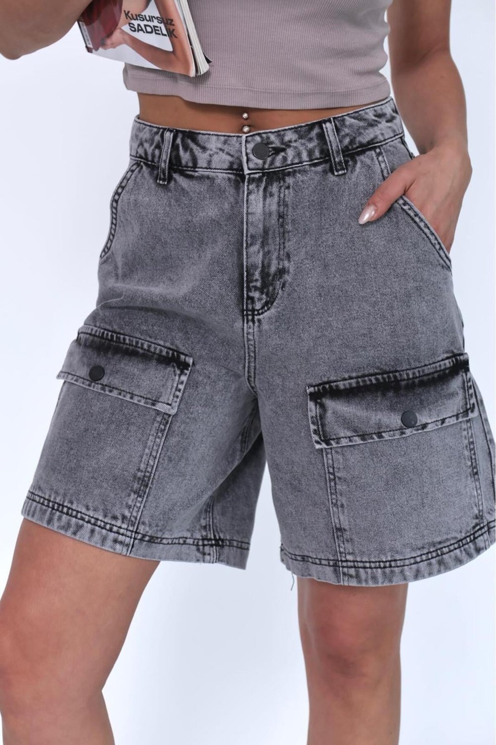 KARGO CEPLİ FÜME WASH BERMUDA ŞORT