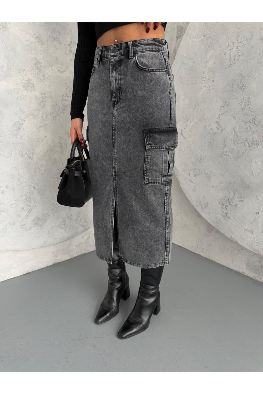 KARGO CEPLİ ÖN YIRTMAÇLI YIKAMALI DENIM ETEK