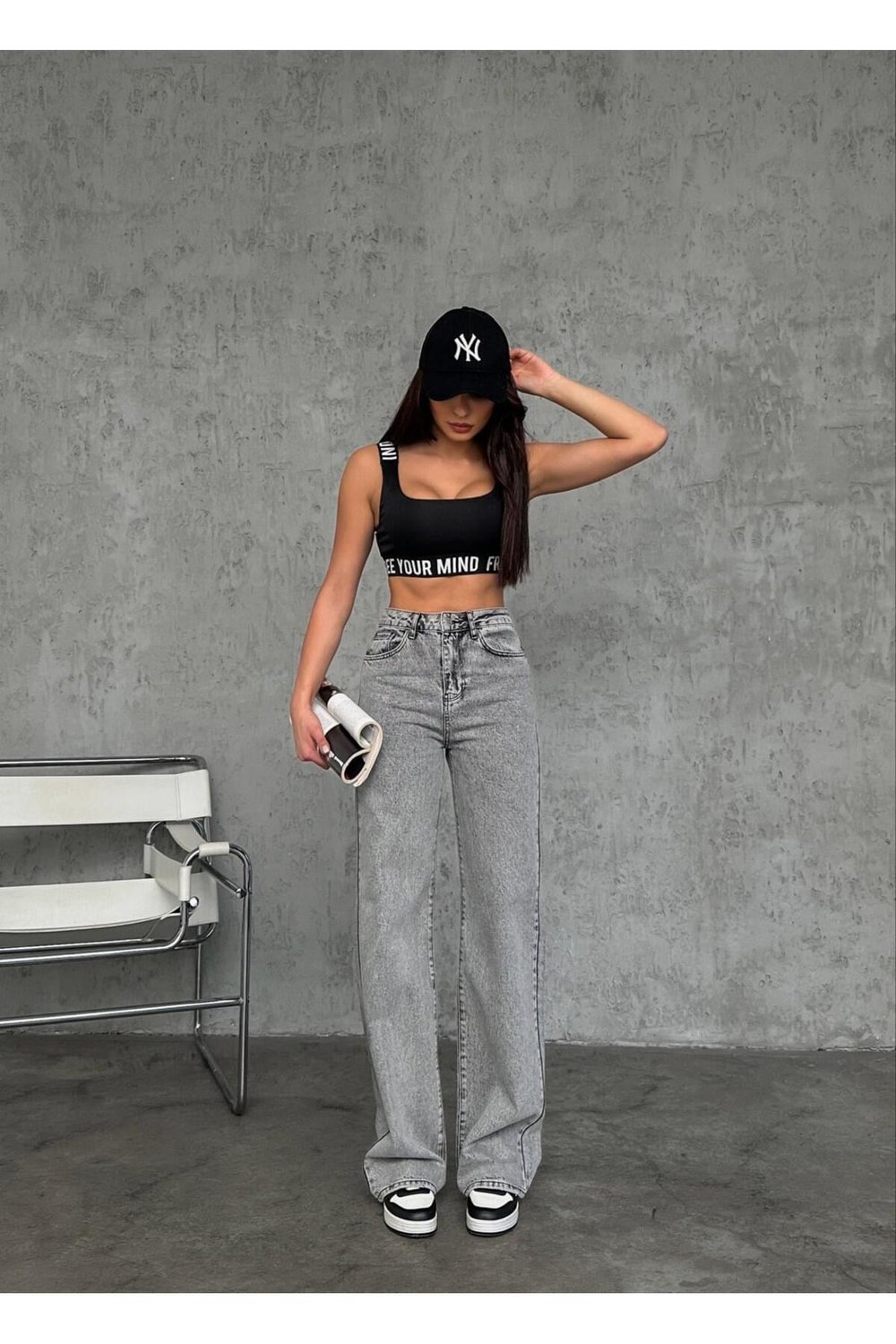 WİDE-LEG GENİŞ PAÇA GREY SNOW WASH DENİM PANTOLON