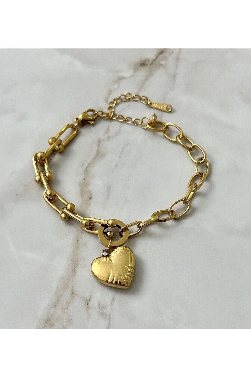 luxury steel gold renk zirkon taşlı kalpli çelik bileklik