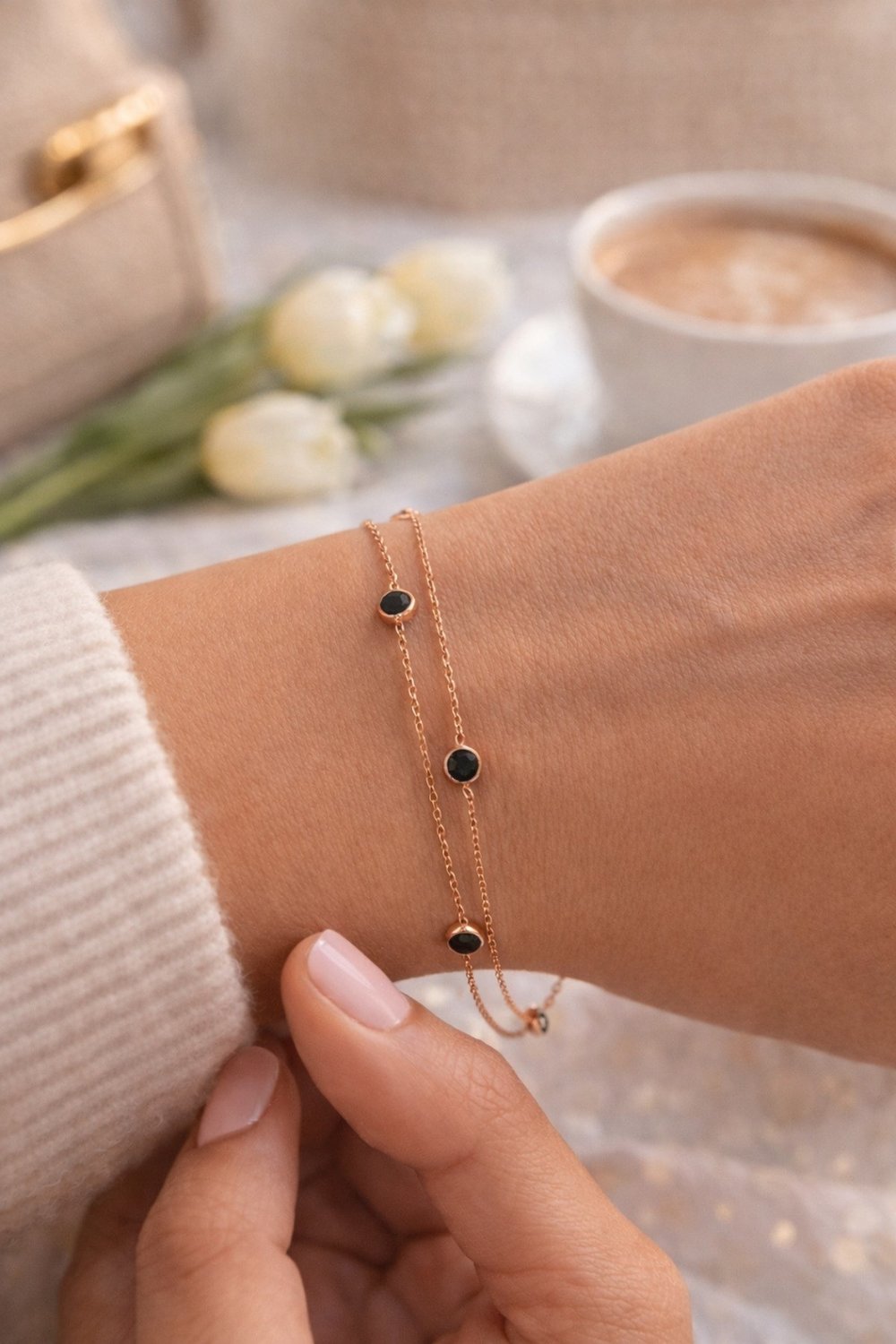 luxury style siyah taşlı rose renk 925 ayar gümüş bileklik