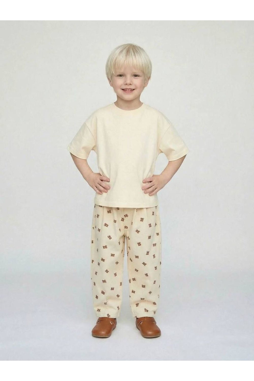 Çocuk Balon Krem Ayıcıklı Bear Desenli Unisex Jean Pantolon
