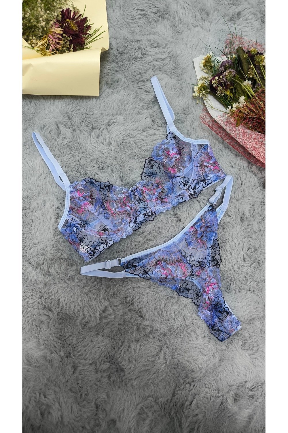 Çiçek Desenli Dantel & Tül Sütyen Külot Takımı Bralet Külot Takımı