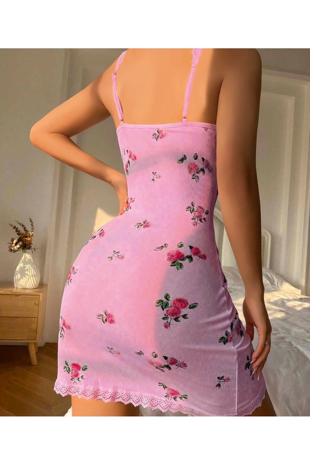 Kadın Çiçek Desenli Pembe Renk Pamuk Pijama Takımı